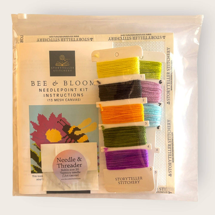 Bee &amp; Bloom Needlepoint Kit — 13-ct Printed Canvas, Hand-Dyed Wool-Silk Thread