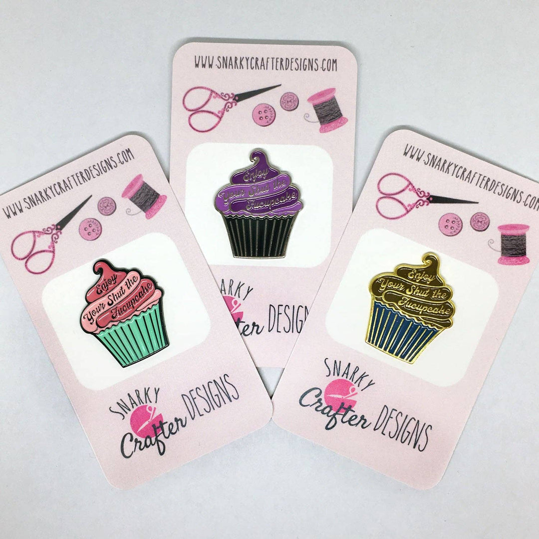 Enjoy Your Shut the Fucupcake Enamel Needle Minder Pink and Teal