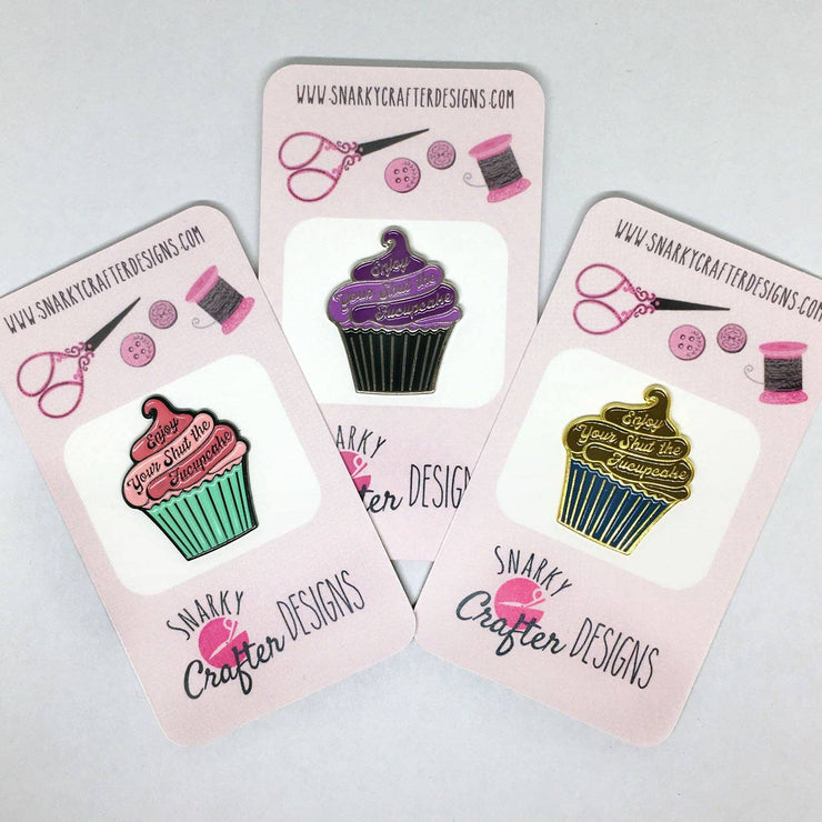 Enjoy Your Shut the Fucupcake Enamel Needle Minder Pink and Teal