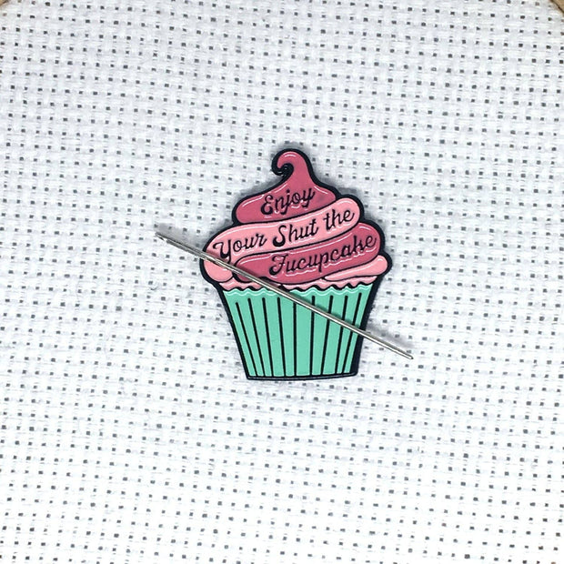 Enjoy Your Shut the Fucupcake Enamel Needle Minder Pink and Teal