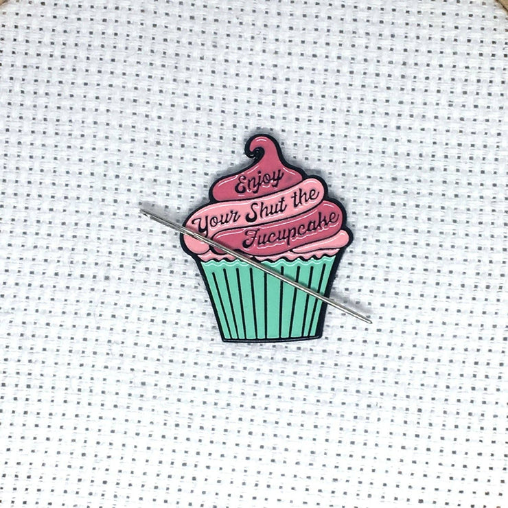 Enjoy Your Shut the Fucupcake Enamel Needle Minder Pink and Teal