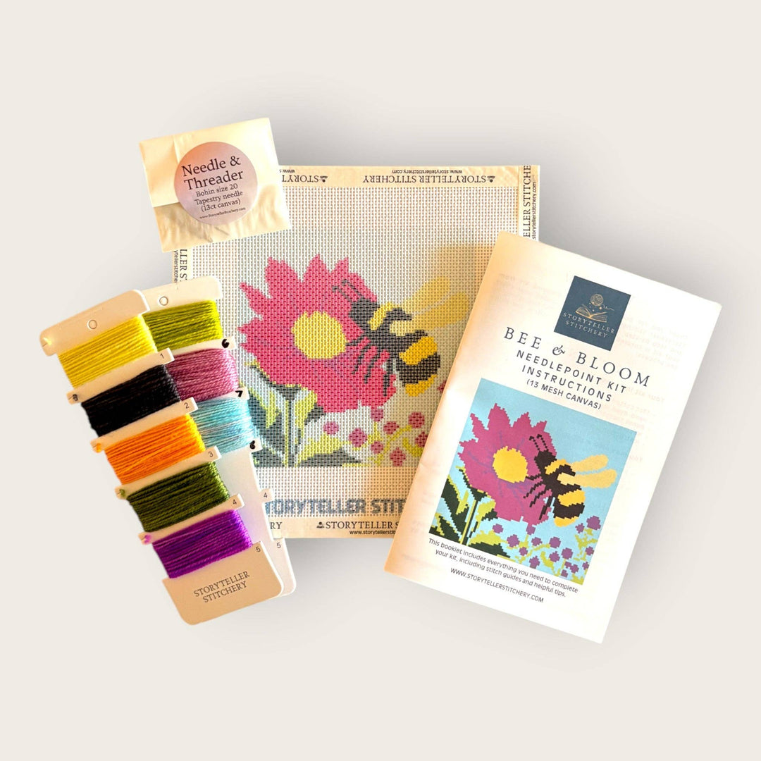 Bee &amp; Bloom Needlepoint Kit — 13-ct Printed Canvas, Hand-Dyed Wool-Silk Thread