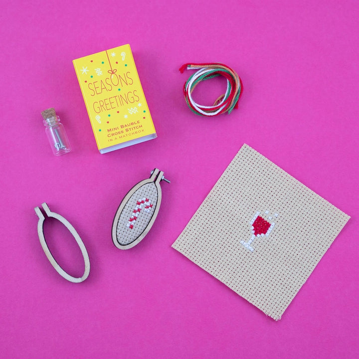 Christmas Bauble Season Greetings - Mini Cross Stitch in a Matchbox
