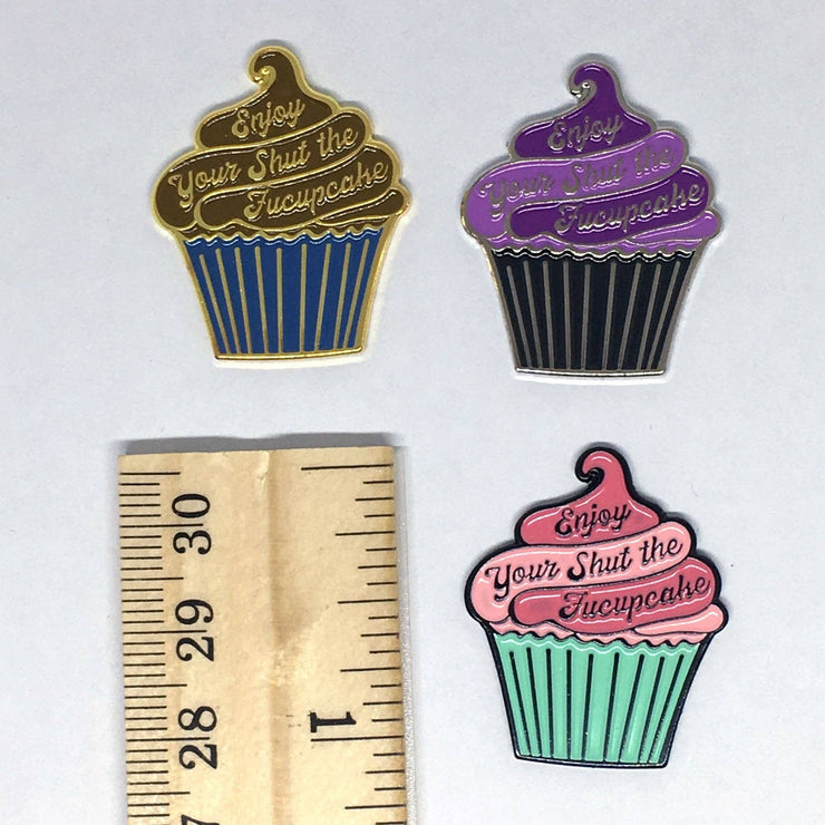 Enjoy Your Shut the Fucupcake Enamel Needle Minder Pink and Teal