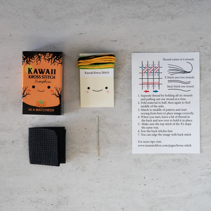 Kawaii Halloween Pumpkin Cross Stitch Kit - Mini Cross Stitch in a Matchbox