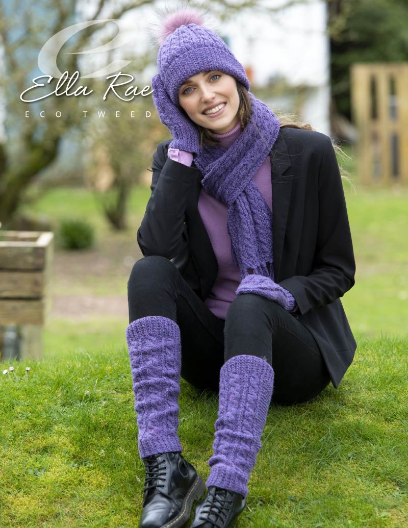 Joy Hat, Scarf, Mitts and Legwarmers Knitting Pattern for Ella Rae Eco Tweed &amp; Furreal Pom (Printed Leaflet)