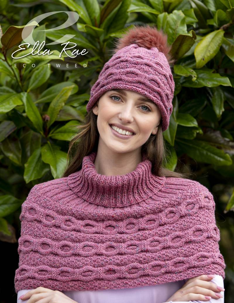 Lucy Hat &amp; Shoulder Cover Knitting Pattern for Ella Rae Eco Tweed &amp; Furreal Pom (Printed Leaflet)