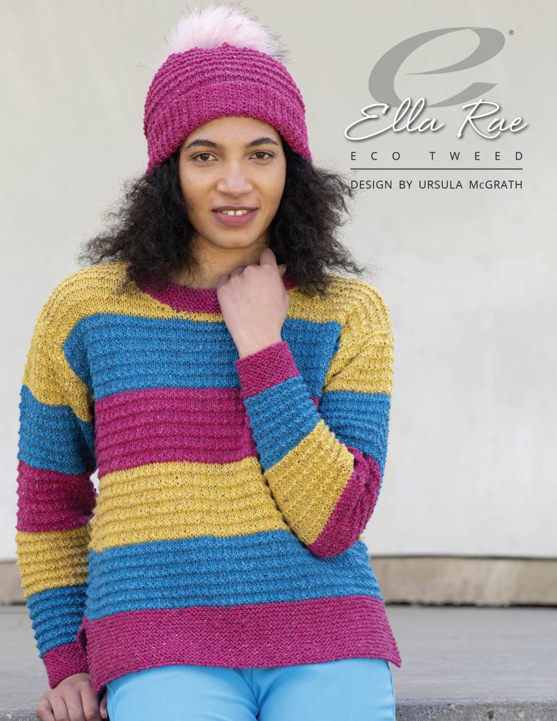 Caroline Sweater &amp; Hat Knitting Pattern for Ella Rae Eco Tweed &amp; Furreal Pom (Printed Leaflet)