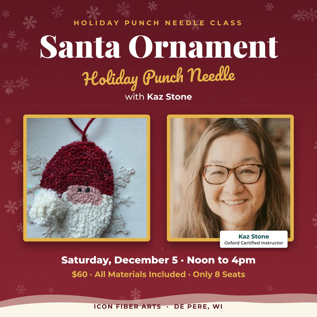 Holiday Punch Needle Santa Ornament Class with Kaz Stone, Saturday, December 5, noon to 4pm