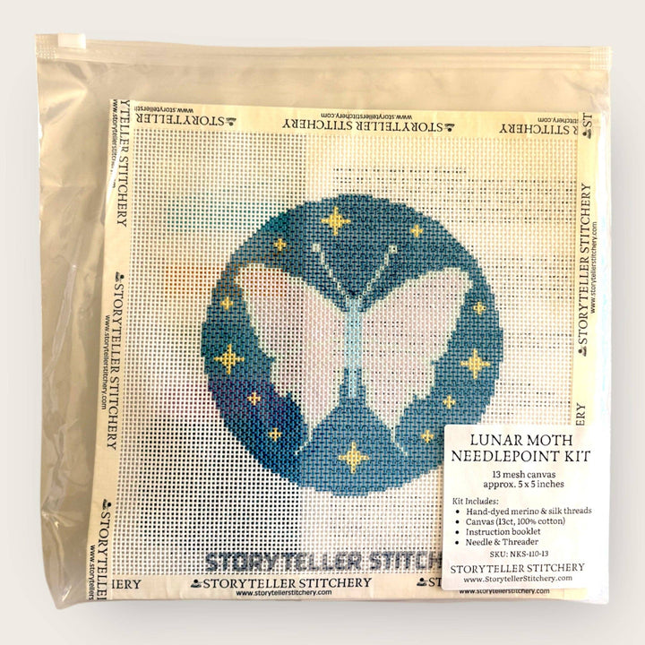 Lunar Moth Needlepoint Kit — 13-ct Printed Canvas, Hand-Dyed Wool-Silk Thread