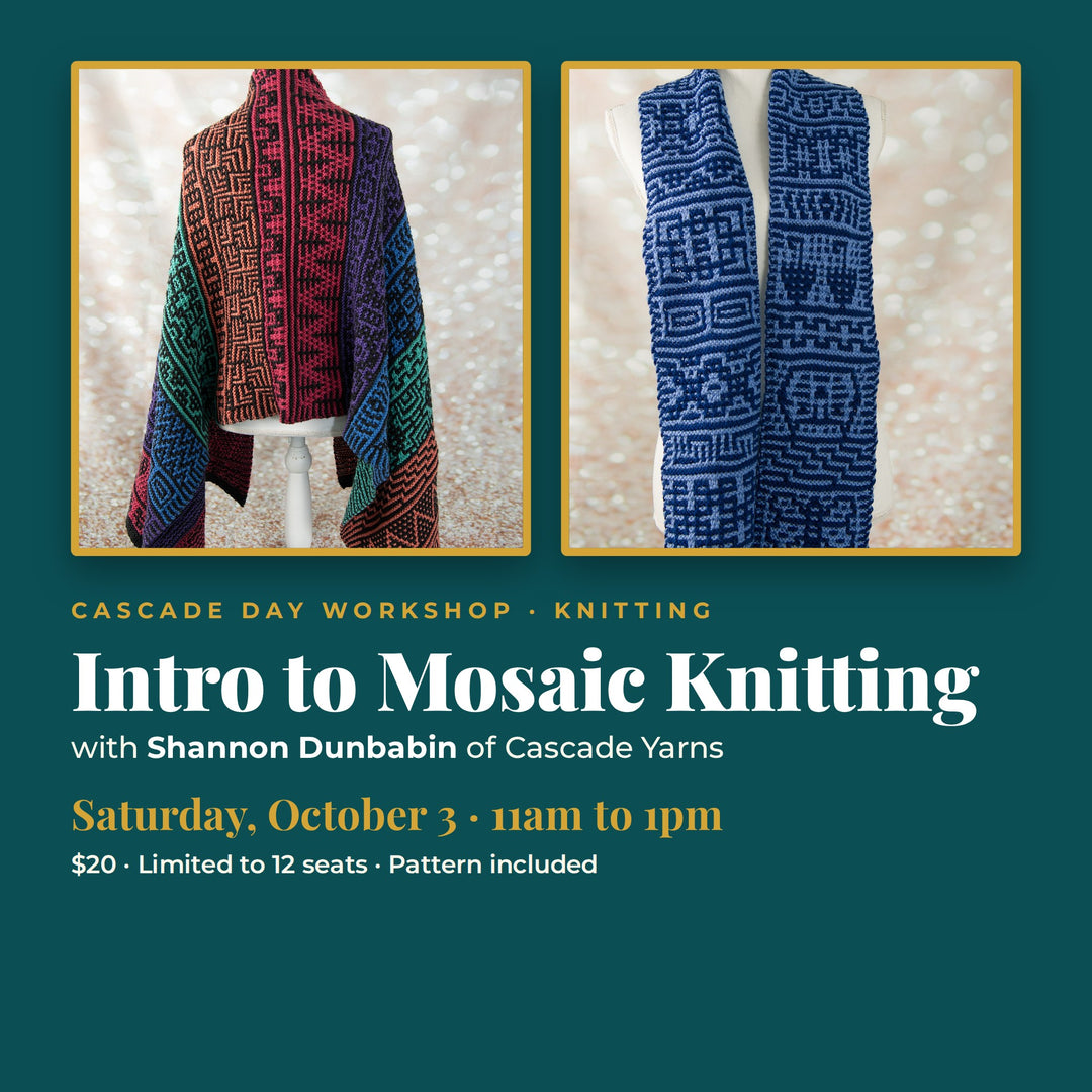 Intro to Mosaic Knitting workshop with Shannon Dunbabin of Cascade Yarns, Saturday October 3, 11am to 1pm