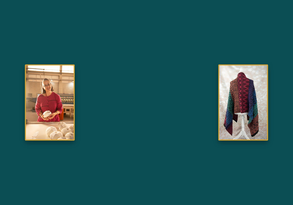 Shannon Dunbabin of Cascade Yarns and a mosaic knit wrap