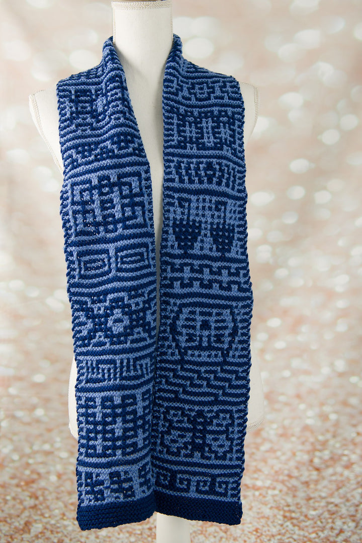 Two-tone blue mosaic knit scarf in Cascade yarn