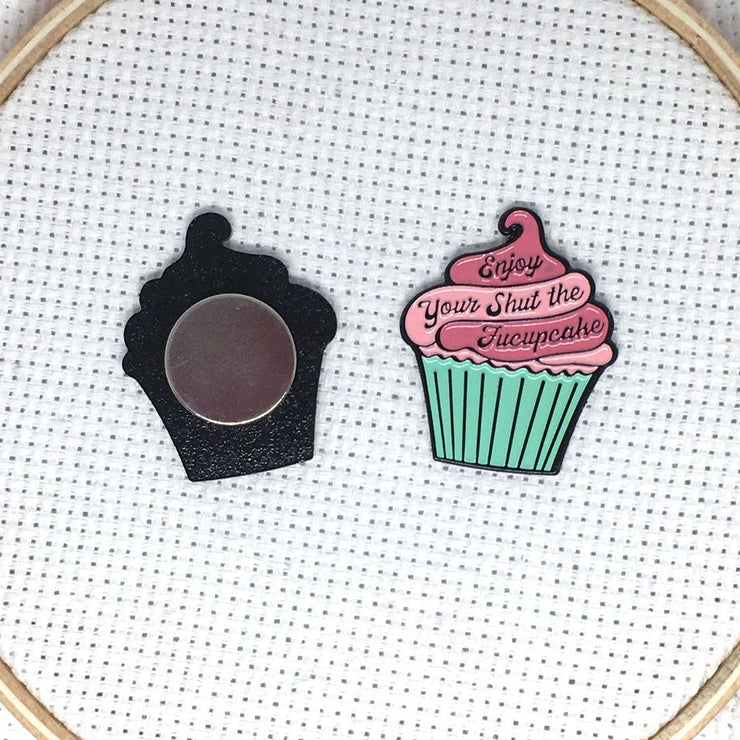 Enjoy Your Shut the Fucupcake Enamel Needle Minder Pink and Teal