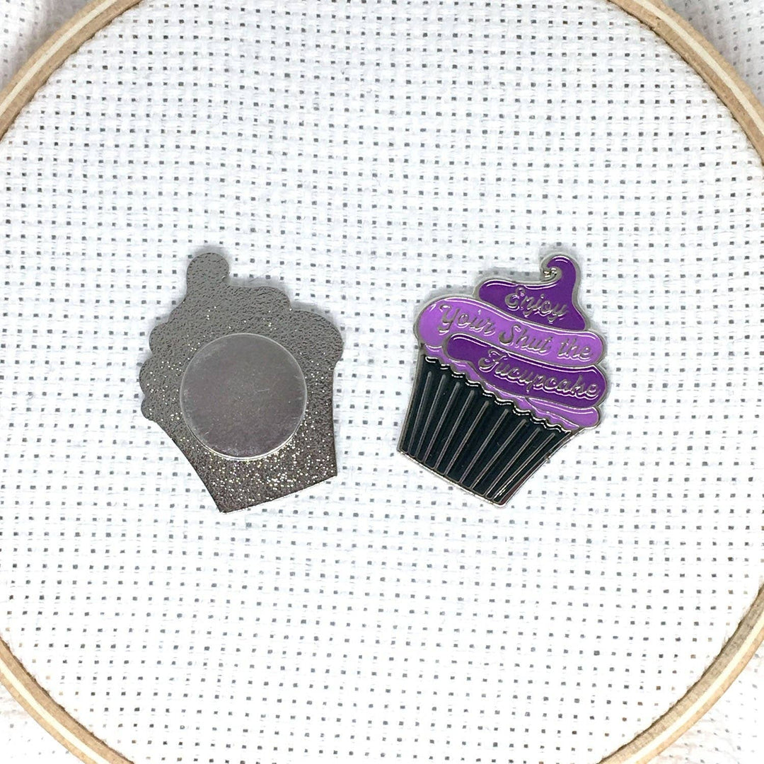 Enjoy Your Shut the Fucupcake Enamel Needle Minder Pink and Teal