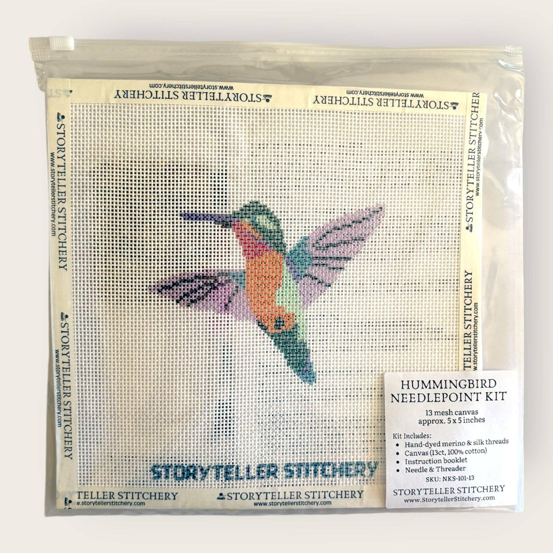 Hummingbird Needlepoint Kit — 13-ct Printed Canvas, Hand-Dyed Wool-Silk Thread