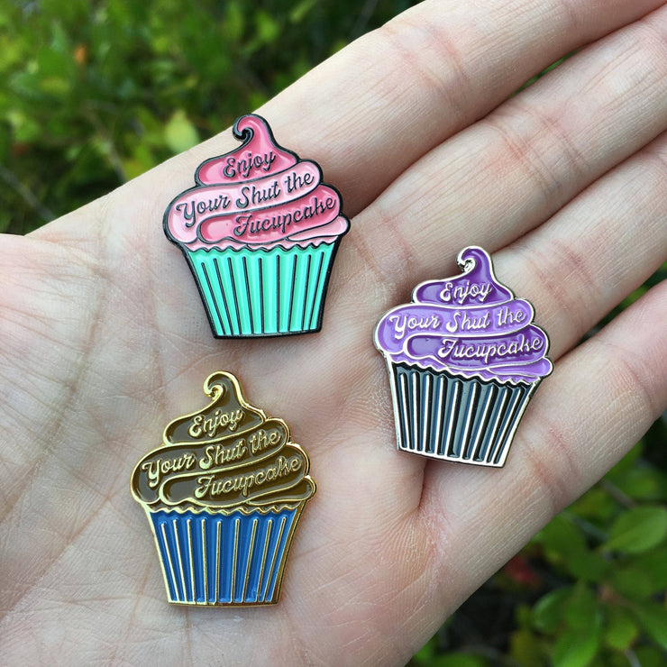 Enjoy Your Shut the Fucupcake Enamel Needle Minder Pink and Teal