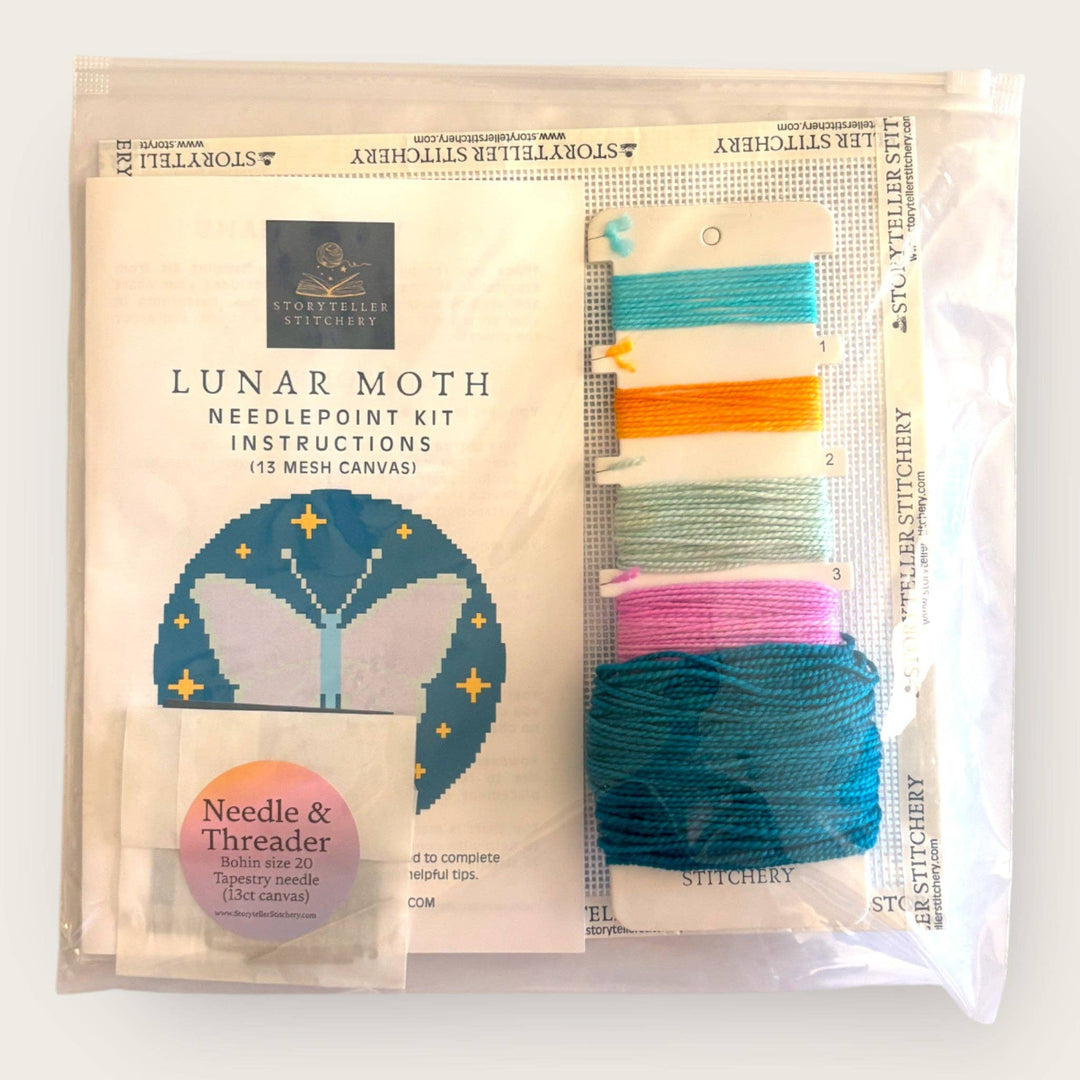 Lunar Moth Needlepoint Kit — 13-ct Printed Canvas, Hand-Dyed Wool-Silk Thread
