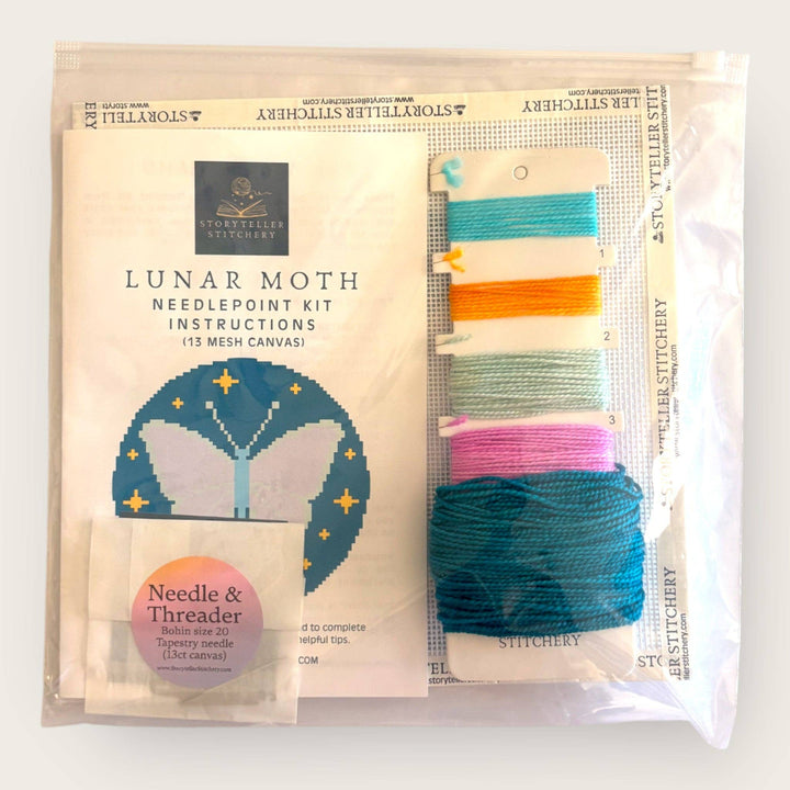 Lunar Moth Needlepoint Kit — 13-ct Printed Canvas, Hand-Dyed Wool-Silk Thread