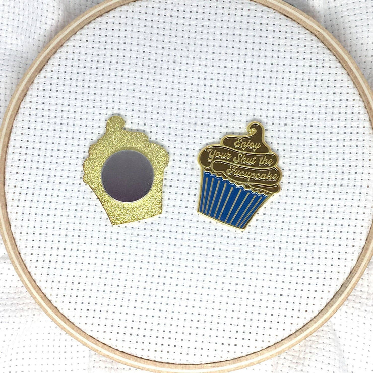 Enjoy Your Shut the Fucupcake Enamel Needle Minder Pink and Teal