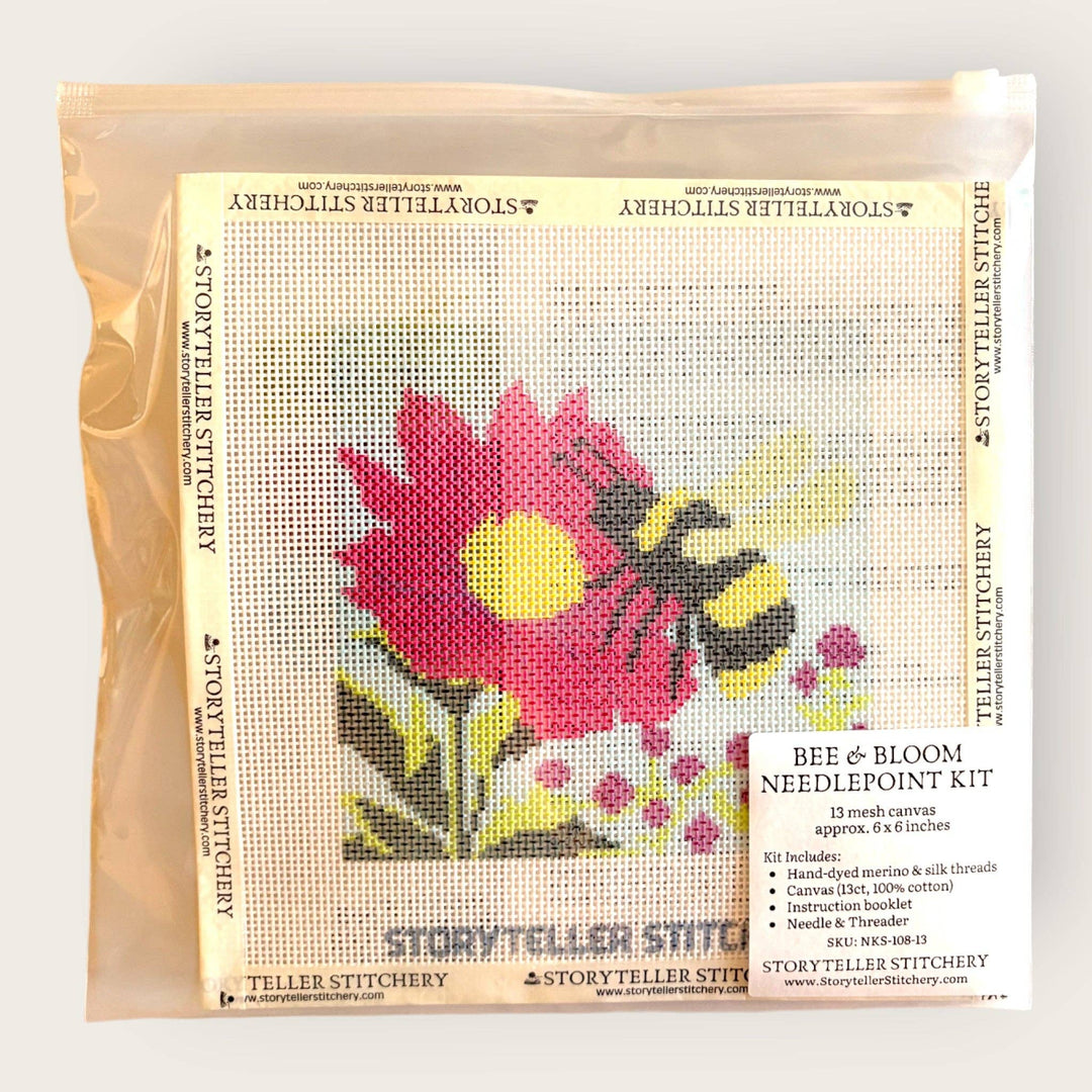 Bee &amp; Bloom Needlepoint Kit — 13-ct Printed Canvas, Hand-Dyed Wool-Silk Thread