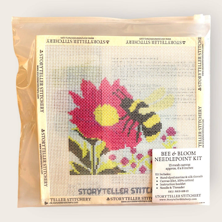 Bee &amp; Bloom Needlepoint Kit — 13-ct Printed Canvas, Hand-Dyed Wool-Silk Thread
