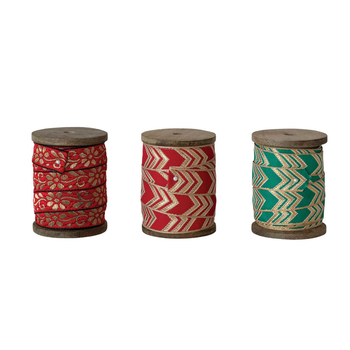 5 Yards 3/4" Wide  Jacquard Pattern Fabric Ribbon on Wood Spool, 3 Styles