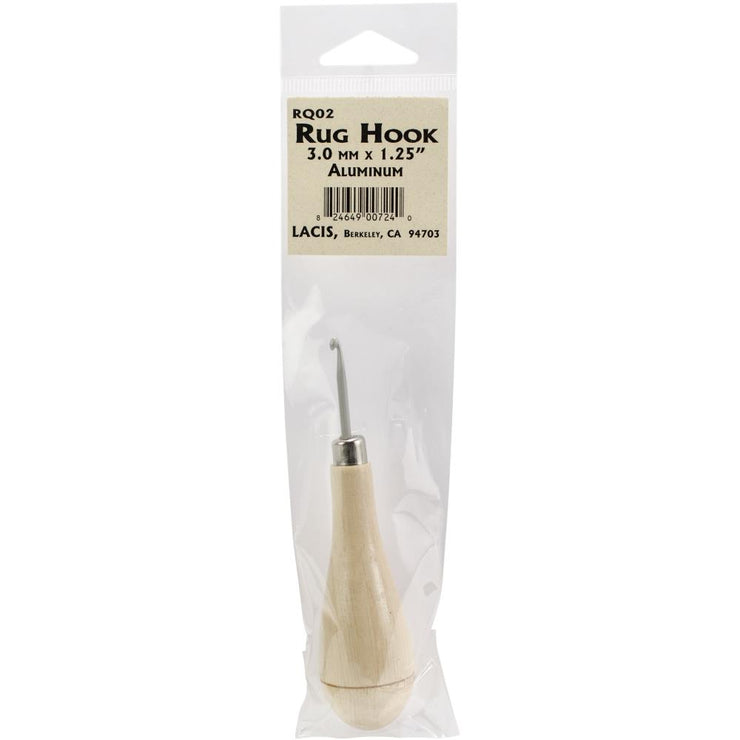 Traditional wood handled rug hook for working punch needle rugs on a canvas backing. This package contains one 3.0mmx1.25 inch aluminum rug hook. Imported.