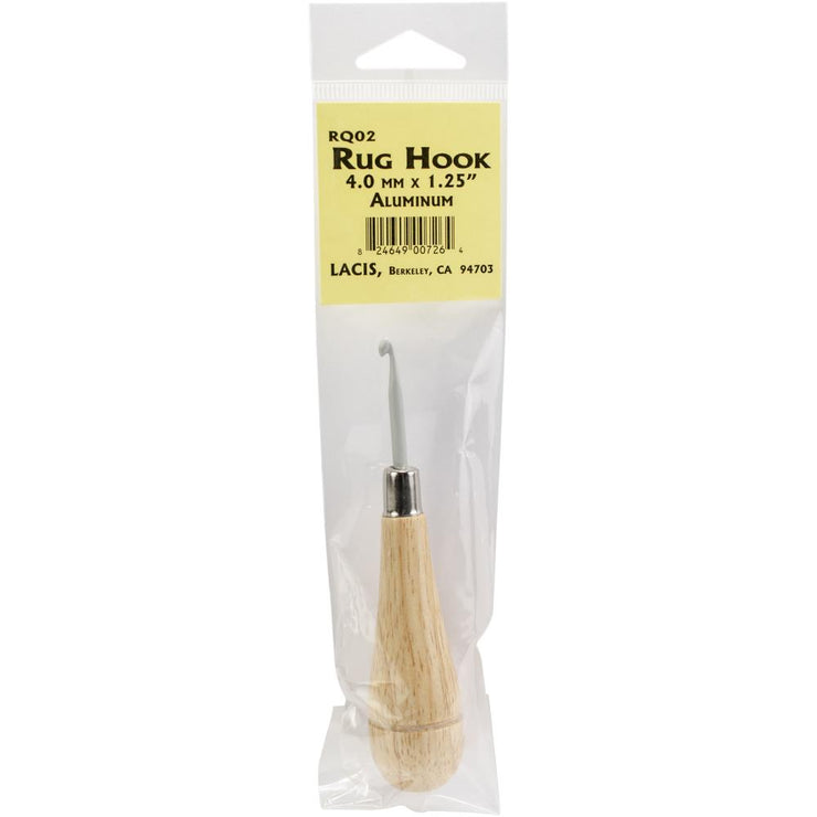 Ideal for making rugs. This 2x8.5x1 inch package contains one 4mmx1.25 inch aluminum rug hook with wood handle. Imported.