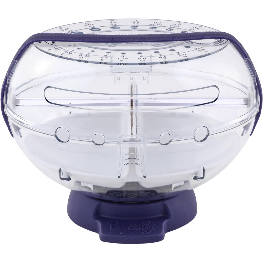 This large, multi-functional, clear globe provides an innovative and protective home for yarn and accessories. Features 6 yarn channels to feed smoothly from either side or front with even tension and no tangling, removeable ball tray to keep multiple balls of yarn separated for colorwork or to accommodate large yarn skeins, and freely rotating yarn spindle allows suspended cones or cakes to rotate smoothly. Hinged lid locks to keep yarn secure and clean, away from dirt and curious pets. This 9x6.5x7.75 inc