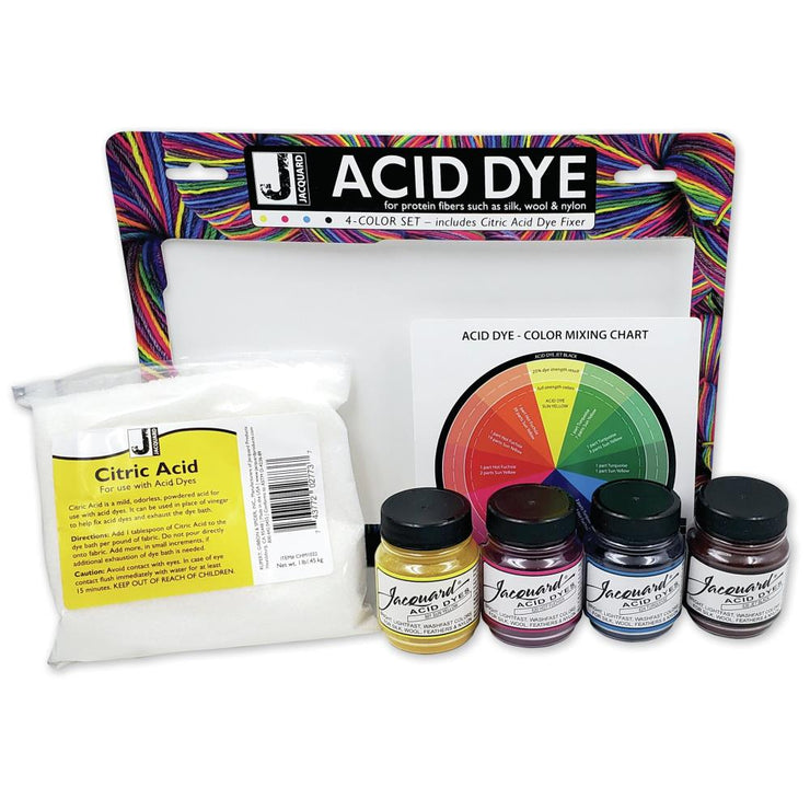 Jacquard Products-Acid Dye 4 Color Set. Concentrated powdered hot water dyes that produce the most vibrant possible results on protein fibers including silk, wool, cashmere, alpaca, feathers and nylon. The only acid involved is the vinegar you add. Each 0.5oz bottle will color up to two pounds of fiber depending on the depth of shade desired. In addition to garment dyeing you can also paint or print with these dyes. Extremely brilliant and colorfast they produce a uniform dye job and the colors are beautifu