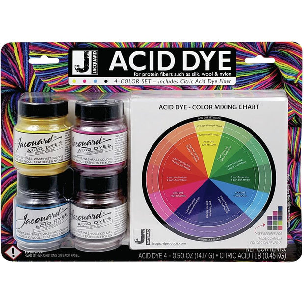 Jacquard Products-Acid Dye 4 Color Set. Concentrated powdered hot water dyes that produce the most vibrant possible results on protein fibers including silk, wool, cashmere, alpaca, feathers and nylon. The only acid involved is the vinegar you add. Each 0.5oz bottle will color up to two pounds of fiber depending on the depth of shade desired. In addition to garment dyeing you can also paint or print with these dyes. Extremely brilliant and colorfast they produce a uniform dye job and the colors are beautifu