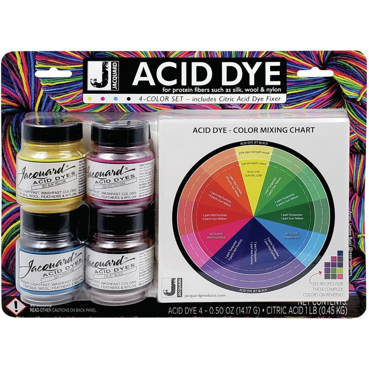Jacquard Products-Acid Dye 4 Color Set. Concentrated powdered hot water dyes that produce the most vibrant possible results on protein fibers including silk, wool, cashmere, alpaca, feathers and nylon. The only acid involved is the vinegar you add. Each 0.5oz bottle will color up to two pounds of fiber depending on the depth of shade desired. In addition to garment dyeing you can also paint or print with these dyes. Extremely brilliant and colorfast they produce a uniform dye job and the colors are beautifu