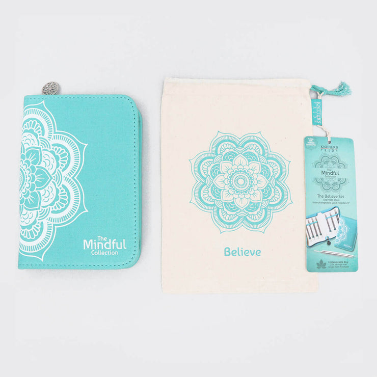 The Believe lace needle set contains the 7 most popular sizes - those most often needed by knitters. The needle tips, the 4 smart cords & the vast assortment of accessories are all offered in a rectangular fabric case carrying the Mindful theme graphics.  A detachable multi-purpose fabric pouch is offered to hold all the cords and accessories for systematic organization. All the needles can be neatly stored in designated places with size labelling.