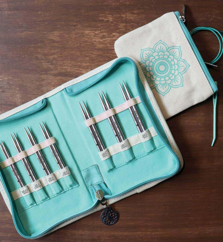 A set that brings together 7 of the most popular sizes, along with 4 smart cords and accessories. The assortment comes in a handy fabric case with a detachable multi-use pouch.  The stainless steel needle tips, with the perfect sharp points, work smoothly when paired with memory and kink-free cords. This set is conveniently portable and ideal for all compact knit-in-the-round projects