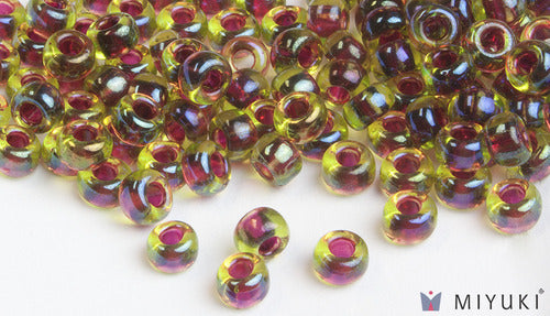 Cranberry-lined Peridot AB 6/0 Glass Beads